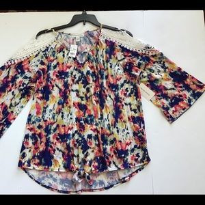 New York Laundry Top Blouse Blue Combo w Open Lace Shoulders Plus Sz 3X NWT